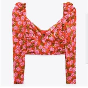 ZARA pink floral deep v crop long sleeve blouse xs top